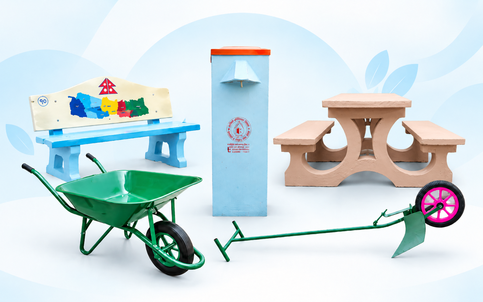 Dipak Suppliers product range including water filters, agricultural tools, and cement benches